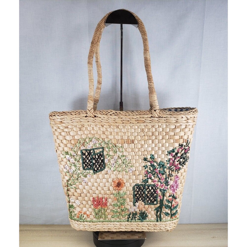 Vintage Rebecca Malone Woven Corn Husk Straw Garden Scene Hand Tote Shoulder Bag